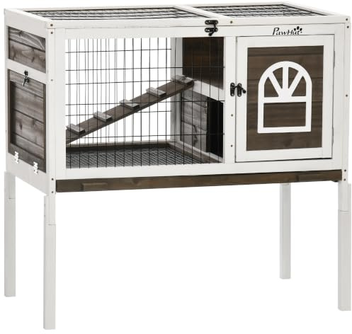 PawHut Wooden Rabbit Hutch Elevated Guinea Pig Cage 90 x 53 x 87cm Brown | Openable Roof, Ladder, Removable Tray