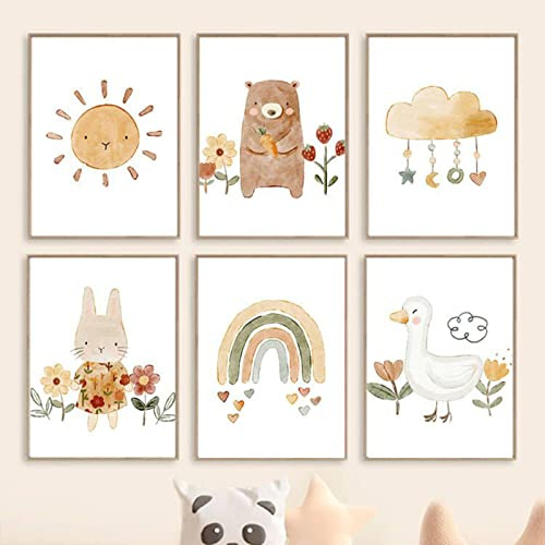 CAYBES 6 Stück Boho Bär Hase Gans Sonne Regenbogen Kinderzimmer Wandkunst Leinwand Malerei Nordische Poster Drucke Wandbilder Baby Kinderzimmer Dekor-20x30cmx6 (Kein Rahmen)