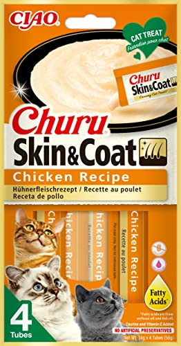 Ciao Churu Skin & Coat by INABA Cat Treat - Chicken - 12 Packs (48 x 14g total) / Soft & Creamy Treat, Delicious & Healthy Snack, Purée Food Topper, Natural, Grain Free