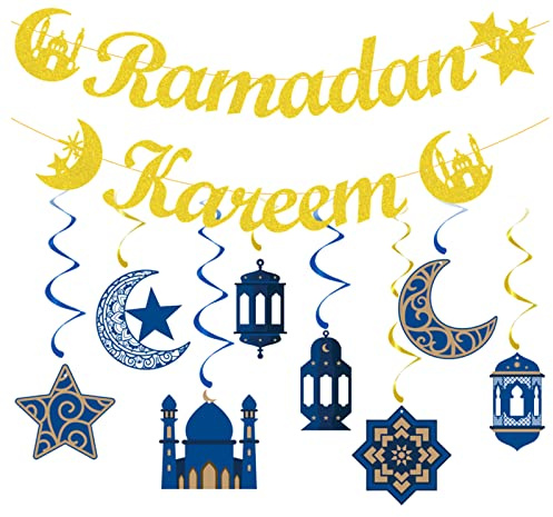 Ramadan Kareen Wimpelkette Gold Ramadan Mubarak Party Banner Dekorationen Stern Mond Laterne Hängende Luftschlangen Deckenfolie Wirbel für Eid Muslim Islamische Ramadan Kareem Party Dekoration