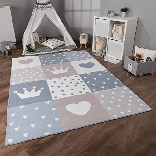 Paco Home Tappeto Bambini Cameretta Bambina Ragezzi Antiscivolo Arcobaleno Cuore Polkadot, Dimensione:160x220 cm, Colore:Beige