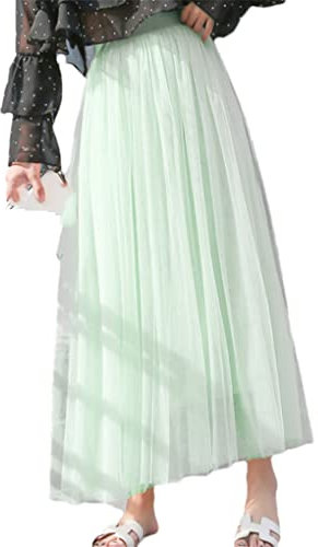Damen Vintage Tüll Rock Frauen Elastisch Hohe Taille 3 Schichten A-Linie Plissee Mesh Rock Lange Braut Röcke, Mint En8, 44