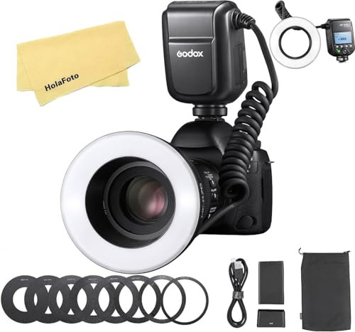 Godox MF-R76N TTL LED-Mikroringblitz für Nikon-Kamera, CCT 5900 K ± 200 K, 3000 mAh Lithium-Akku, 76 Ws HSS 2,4 G, 0,1–1 s Wiederaufladezeit, Doppelblitzröhren, Speedlight und LCD-Display-Adapterringe