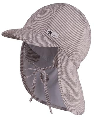 Sterntaler Schirmmütze Seersucker mit Nackenschutz und Bindeband für Jungen UV 50+ - Baby Mütze mit Ohrenklappen und Bindeband - Schirmmütze Baby mit Streifenoptik - blassbraun, 49