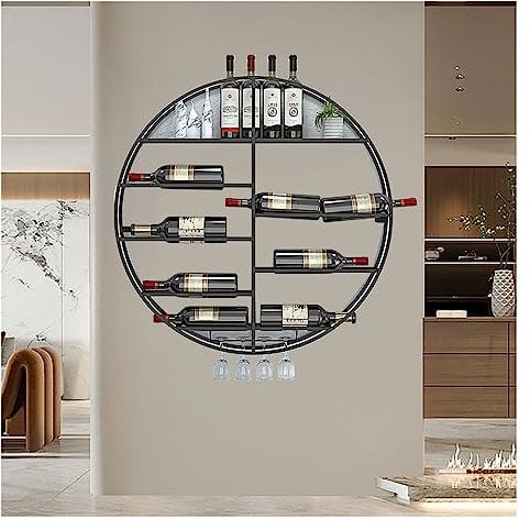 Runde Weinflaschenhalter Flaschenregal Aus Metall,Wand Weinregal Mit Glashalter,Industrielle Wand-Weinregale,Flaschenhalter,Glasregal,Wandregal,Weinhalter,Metall-Mehrzweckregale,Für Bar (Color : Blac