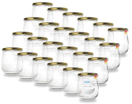 Flaschenbauer - 24x Einmachgläser 417ml - Konservengläser mit TO82 Twist-Off Deckel, inkl. Etiketten - Marmeladengläser, mit Schraubdeckel, Schraubgläser, Joghurtgläser (Gold) - Made in Germany