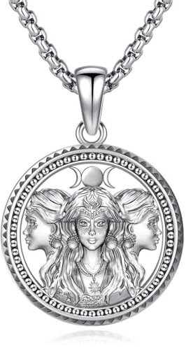 Eusense Triple Mondgöttin Halskette 925 Silber Mondgöttin Anhänger Hecate Halskette Schmuck Amulett Wiccan Pagan Talisman Schutzschmuck für Männer Frauen