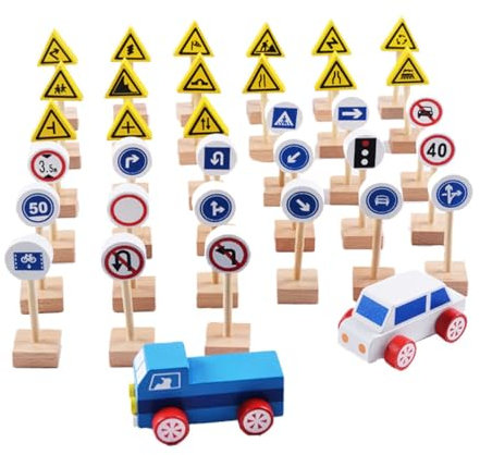 DIKACA 35 Pièces Jouet d'apprentissage De La Circulation Ensemble De Jeu De Panneaux De Signalisation Hêtre Enfant Bambou Ensemble De Jouets
