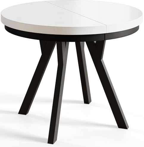 AlpiMeble Esstisch Ausziehbar Evo, Stabile Konstruktion, 110-210cm, Weiß | Runder Tish, Moderner Wohnzimmertisch und Küchentisch, Schwarze Beine