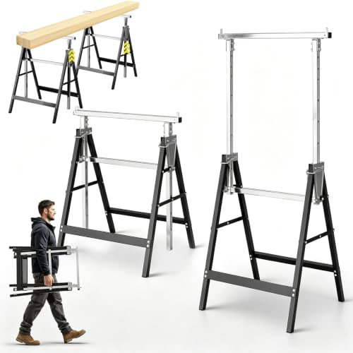 Fiqops Arbeitsbock 4er Set 400 kg Tragkraft, Klappbarer aus Stahl | 7-fach höhenverstellbar 80–130 cm, mit Sicherungsbolzen und Fußkappen, Unterstellbock für Werkstatt Baustelle, Schwarz