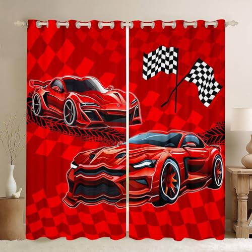 feelingyou Kühle Rennauto Fenster Vorhänge, rote Sportwagen Speed Race Fenster Behandlungen, Racing Themed rot Karierte Fenster Vorhänge für Home Decor, 2 Panels, L Größe,Guter Schattierungseffekt