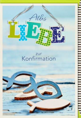 Verlag Dominique Konfirmationskarte Glückwünsche Holzfische blau und weiß - mit Umschlag