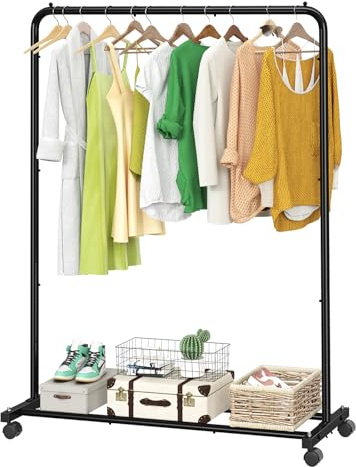 Simple Trending Clothing Rack for Hanging clothes, Portable Garment Rack with Bottom Shelf, Metal Clothes Rack on Wheels for Bedroom, Laundry Room, Black