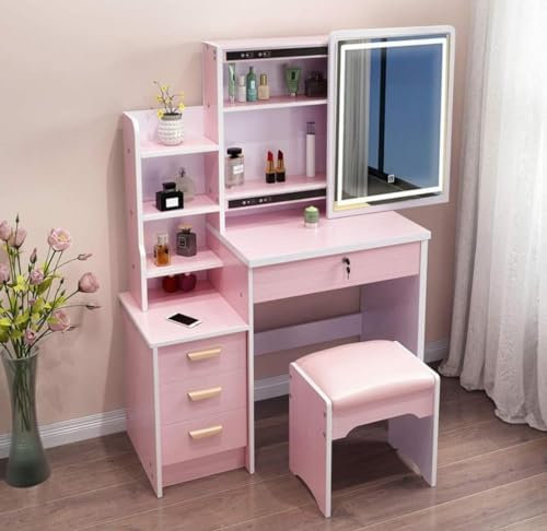 21 SHOP® Mobile Toeletta Scrivania con Specchio con luce LED per Trucco Set mensole, cassetti laterali e centrale e sgabello tavolo cosmetici per ragazze bambine Centro di Bellezza 130X80X35 - ROSA