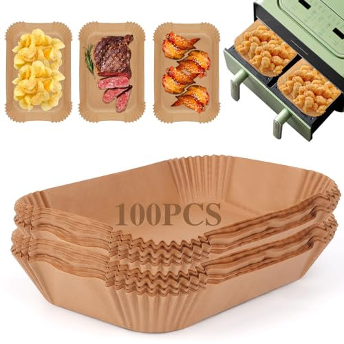 VFANDV Papel Freidora Aire, 100 Piezas 22 x 14 cm Papel para Freidora de Aire Food-Grade BPA free Compatible con Cecotec/Masterpro/Ninja AF300EU/ AF400EU Doble Air Fryer Accesori