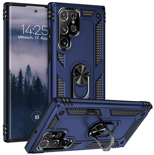 LBH Outdoor Hülle für Samsung Galaxy S22 Ultra Armor Militär Stoßfest Handyhülle 360 Grad Metal Ring Halter Ständer Schutzhülle für Handyhalterung Auto Magnet Blau