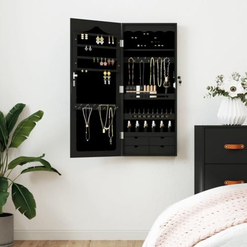 Sufrk Schmuckschrank mit Wandspiegel, Schwarz, 37,5 x 10 x 90 cm, Industrieschrank, Aufbewahrungsschrank