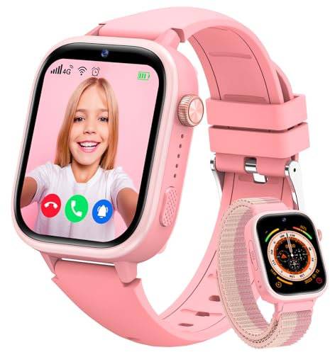 Minilandia 4G Smartwatch Bambini, Orologio Telefono Bambini con Videochiamate/GPS/SOS/Chat Vocale, Modalità Scuola, Sveglia, Contapassi, IP68 Impermeabile Smart Watch per Ragazzi Ragazze, Regalo Rosa