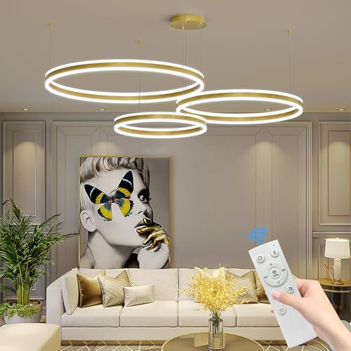 Mikeru Pendelleuchte, Gold Wohnzimmerlampe ø40+60+80CM Runde Pendellampe, 85w 3-Ring Kreisförmige Led Hängelampe Oben und unten leuchtend Mit Memory-Funktion 10%-100% Dimmbarer Kronleuchter