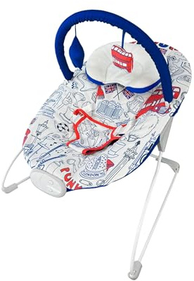 LADIDA London Theme My First Baby Bouncer with Soothing Music and Vibration, Removable Toy Bar with 2 Toys Suitable for Newborns