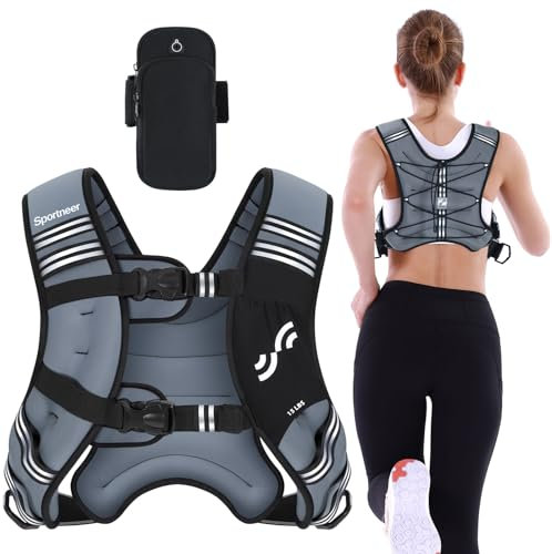Sportneer Gewichtsweste mit reflektierenden Streifen für Gewichtheben, Laufen und Fitness 3,6 kg/ 5,4kg/ 6,8 kg/ 9kg/ 11kg, Brustgröße Verstellbar, Praktische Tasche, Gefüllte Gewichtsweste