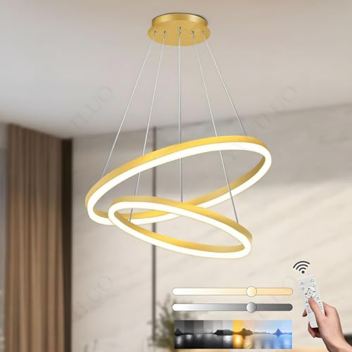 YYUTLUO Moderner DIY-Kreis-LED-Kronleuchter, 2 Golden Ring, ∅40+60cm=40W, H200cm Höhe Verstellbar, Metall+Acryl, Dimmbare Fernbedienung, Runde Hängelampe, Wohnzimmer Schlafzimmer Restaurant Büro