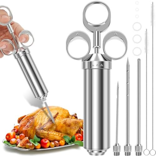 Stainless Steel Meat Injector Syringe with 3 Marinade Needles Meat Injector Syringe Kit with Non Slip Handle Meat Seasoning Injector Marinade Injector Food Injection Syringe for BBQ Grill Smoker