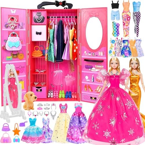 11.5 inch Girl Doll with Dolls Closet Wardrobe Clothes and Accessories Mirror, Outfits, Princess Gowns, Dress, Shoes, Hangers, Handbags, Necklace, Crown and Dog for 3+ Years Girls (Include Doll)