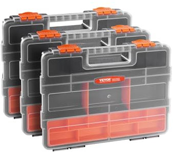 VEVOR 3 PCS PP Hardware Storage Box 290 x 230 x 60 mm with 21 Compartments, Removable Dividers, Safety Latch and Portable Handle for Nuts, Bolts, Screws and Nails