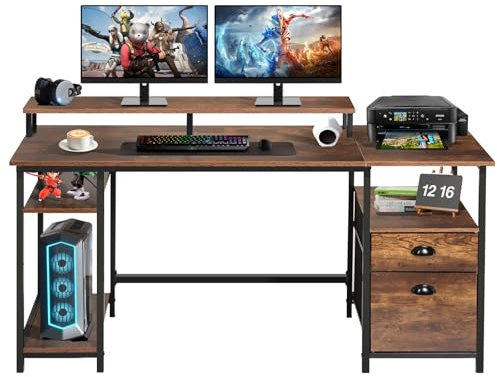 Panana Computer Desk Gaming Desk Home Office Desk with Monitor Stand Storage Shelves and 2 Drawers, 156cm, Vintage Brown