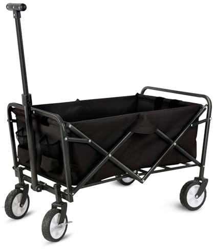 Faltbarer Bollerwagen schwarz 300D Oxford Stoff - 75 x 46 cm - Handwagen zusammeklappbar mit Gummirädern Belastbarkeit 80 Kg - Strandkarren Gartenwagen Transportwagen mit Teleskopgriff