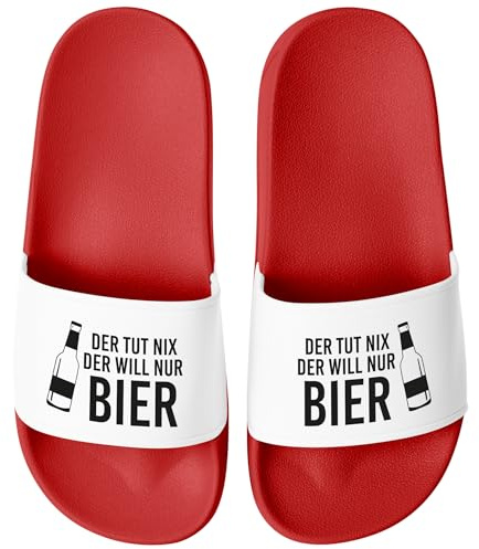MoonWorks® Badeschlappen Spruch Lustig Der tut nix der will nur Bier Badelatschen Aufdruck Herren Umisex Badeschuhe Rot-weiss 46