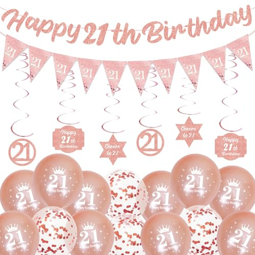21st Birthday Party Decorations for Women - Rose Gold Happy 21st Birthday Banner and Latex Printed Balloons, Hanging Swirls Backdrop Decor Confetti Balloon for 21 Years Old Party Supplies