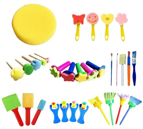 pclapora 31 Stück Schwammpinsel Set für Kinder Schwammpinsel Set | Schwamm Farbe Pinsel Kits Wiederverwendbare Schwamm Malerei Pinsel für Zeichnung Handwerk Keramik DIY Malerei Werkzeuge