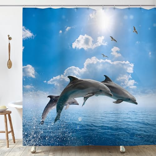 OCEUMACO Delfin Duschvorhang 180x180 Anti Schimmel Wasserdicht Textil Shower Curtains Blau Ozean Meer Delphin Duschvorhänge Badewanne Waschbar Stoff aus Polyester Bad Vorhang mit Haken