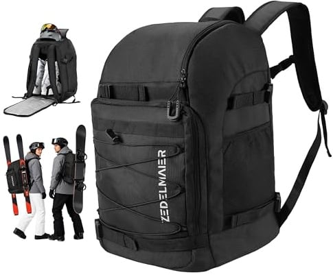 Zedelmaier 50L Skischuhrucksack Skirucksack für Helm Skischuhe & Ski/Snowboard Handschuhe 4-in-1 wasserfeste & Kratzfeste Skischuhtasche Skitasche für Skistiefel bis Größe 45 (30×34×48cm H Schwarz)