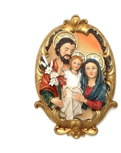 Hometopia Heilige Familie Wandbild, Maria Joseph & Jesus Wanddekoration | 32 cm Religiöse Wanddeko Oval aus Polyresin, Katholische Dekoration Wandrelief für Wohnzimmer, Gebetsraum & Zuhause