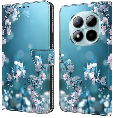 CLM-Tech Handyhülle kompatibel mit Xiaomi Redmi Note 15 Pro 5G 6,83 Zoll Hülle - Tasche aus PU Leder - Klapphülle mit Ständer und Kartenfächern - Schutzhülle Wallet Case Cover Pflaumenblüte blau