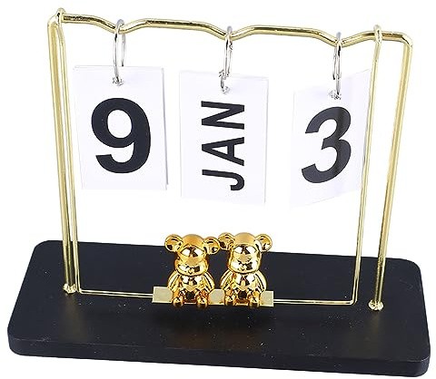 Qudinip Little Bear Ewiger Flip-Kalender, Täglicher Flip-Kalender aus Metall und Holz, Wiederverwendbar, mit Stabilem 4-Bein-Ständer und Hängeschaukel-Design, für Büro, Zuhause, (Schwarze Schaukel)