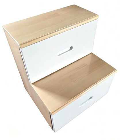 KIBONCY 2-stufiger Tritthocker Mit Schubladen, Zweifarbige Holzleiter for Kinderbett, Etagenbett, Schlafzimmer-Organizer(C)