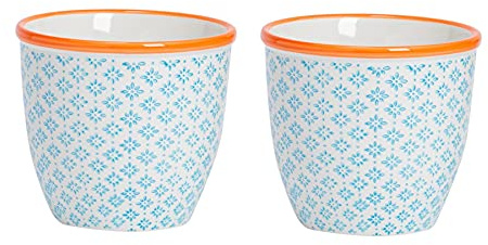 Nicola Spring Hand Printed Patterned Plant Pots - Blue - Pack of 2-14cm Stoneware Plant Pots for Indoor Plants, Succulents, Cacti, Herbs & Outdoor Garden Flowers, Decorative Home Planters