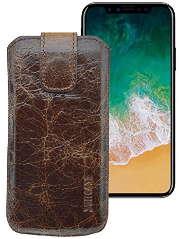 Suncase ECHT Ledertasche Leder Etui für iPhone XS - iPhone X Tasche (mit Rückzugsfunktion und Klettverschluss) Rustik-Tabak braun