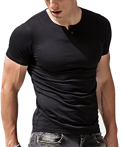 Mens Short Sleeve Cotton Muscle Slim Fitted Sport Henley T-Shirt with Button Black S