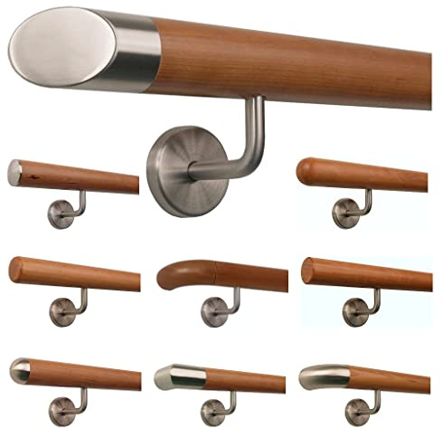 TIBU Kirschbaum Holz Handlauf Geländer 0,3m - 5m, Länge 290 cm, schräges Edelstahlendstück und 4 gewinkelte Halter