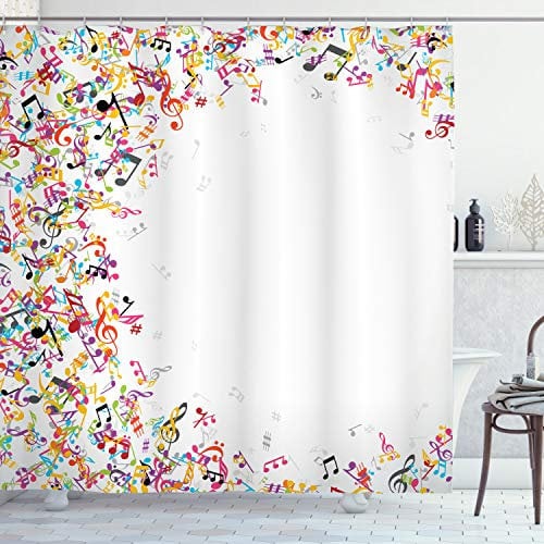 ABAKUHAUS Musik Duschvorhang, Bunte Festival-Rahmen, Stoffliches Gewebe Badezimmerdekorationsset mit Haken, 175 x 180 cm, Weiss Mehrfarbig