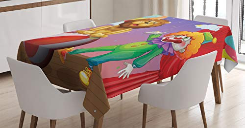 ABAKUHAUS Zirkus Tischdecke, Lion Clown Leistung, Für den Inn und Outdoor Bereich geeignet Waschbar Druck Klar Kein Verblassen, 140 x 170 cm, Mehrfarbig
