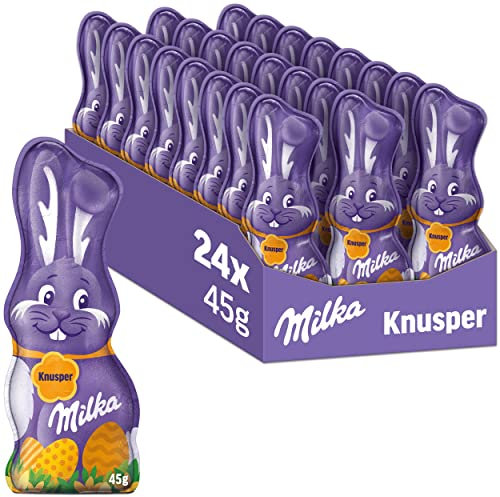 Milka Schmunzelhase Knusper 24 x 45g I Osterschokolade Großpackung I mit Knusperreis I Osterhasen Schokolade aus 100% Alpenmilch