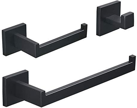3 Piece Bathroom Accessories Set Matte Black Finish Stainless Steel Wall Mounted, Includes Hand Towel Bar, Toilet Paper Holder, Robe Hooks,BA199SET-3B,Beelee