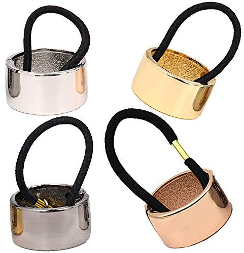 Ziyero 4 Stücke Haargummi Metall Ring Elastisch Haar Manschette Elastisches Haarband Pferdeschwanzhalter Geeignet für Alltags, Reise, Party usw—Glatte Oberfläche(Silber, Gold, Roségold, Hellschwarz)
