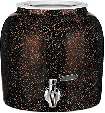 Geo Sports - Dispensador de agua de porcelana de cerámica, grifo de acero inoxidable, válvula y tapa incluidas, se adapta a jarras de 3 a 5 galones, sin BPA ni plomo (negro con manchas naranjas)